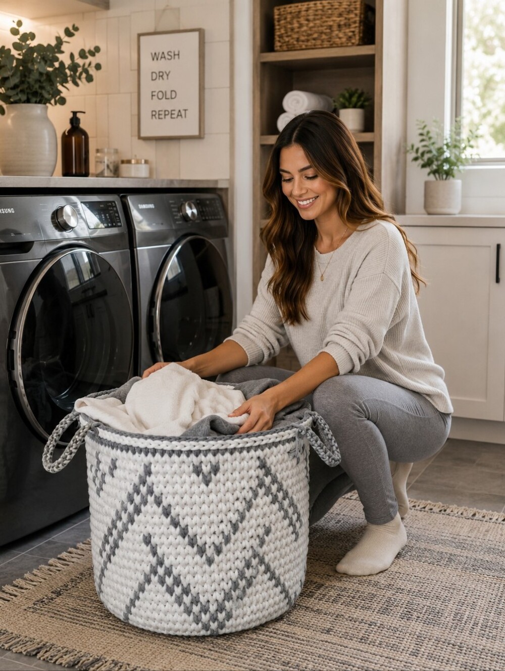 Braided Gray & White Knit Laundry Basket -